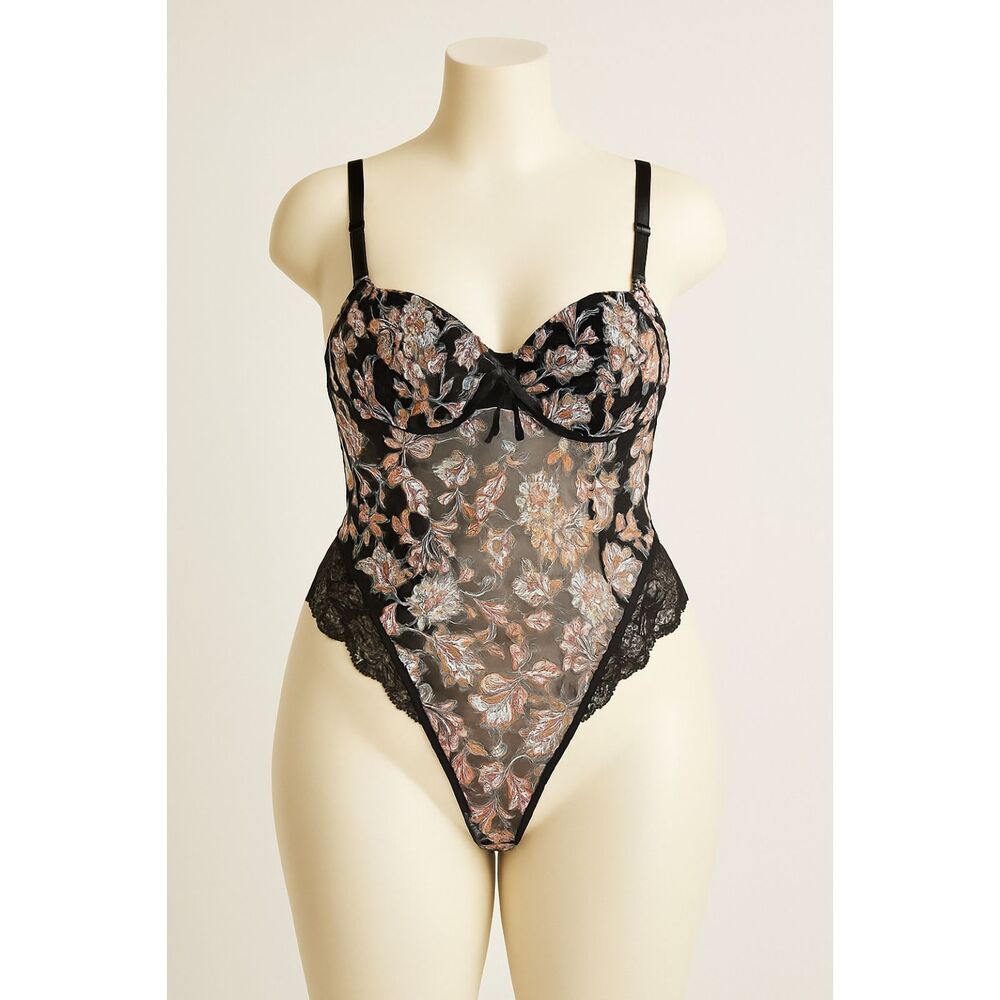 Victoria's Secret Black Lace Floral Lingerie Bodysuit One Piece  Women's Size XL